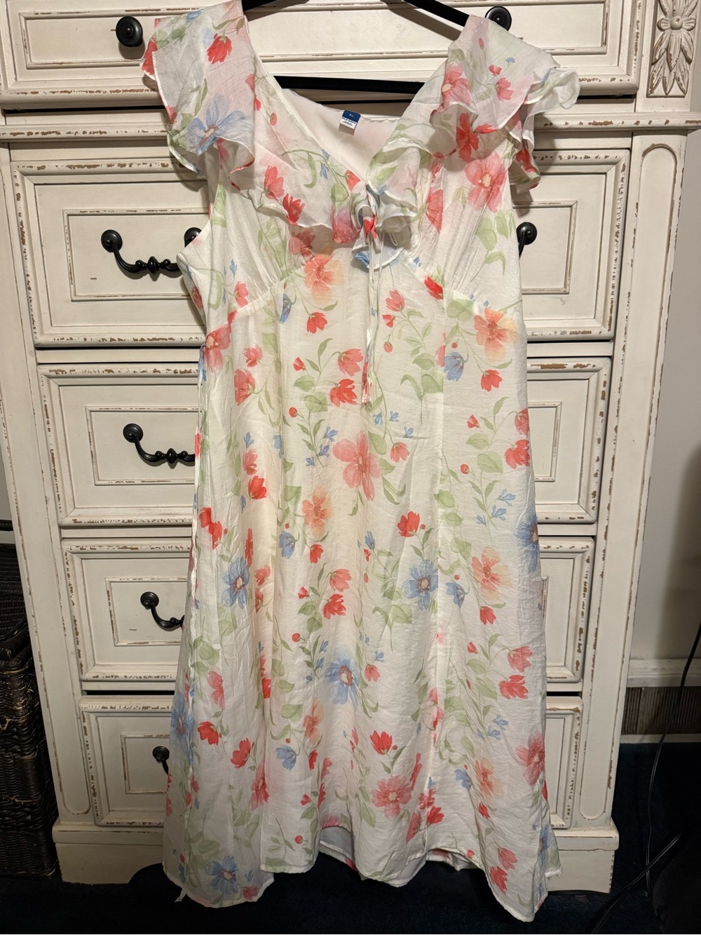 Old Navy White Floral Ruffle Sundress with Coral and Blue Blooms